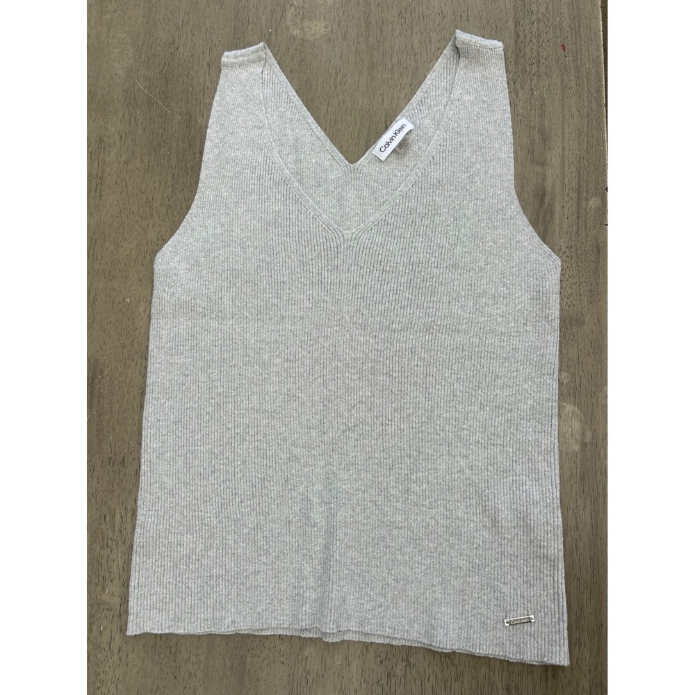 Calvin Klein Gray Metallic Ribbed Knit V-Neck Sweater Vest Tank Top Large Y2K